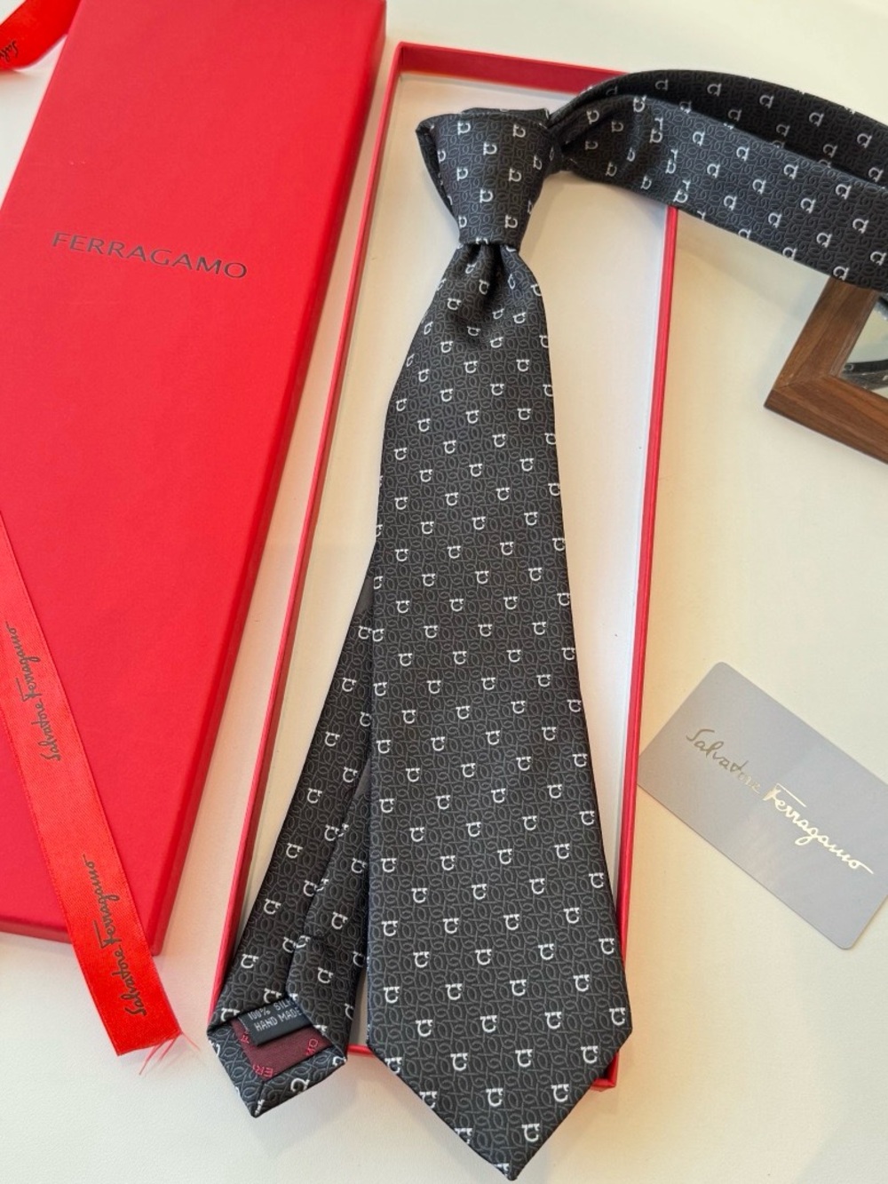 Salvatore Ferragamo Black & White Micro Gancini Silk Tie
